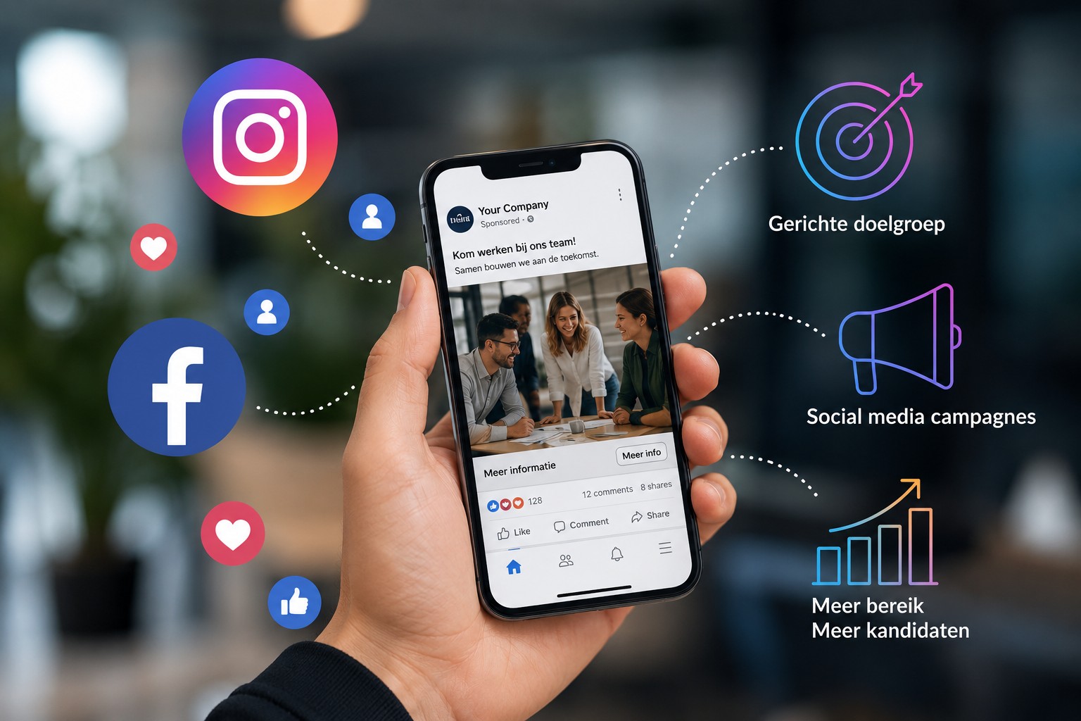 Voorbeeld van een vacature-advertentie op social media met gerichte doelgroep en meer bereik