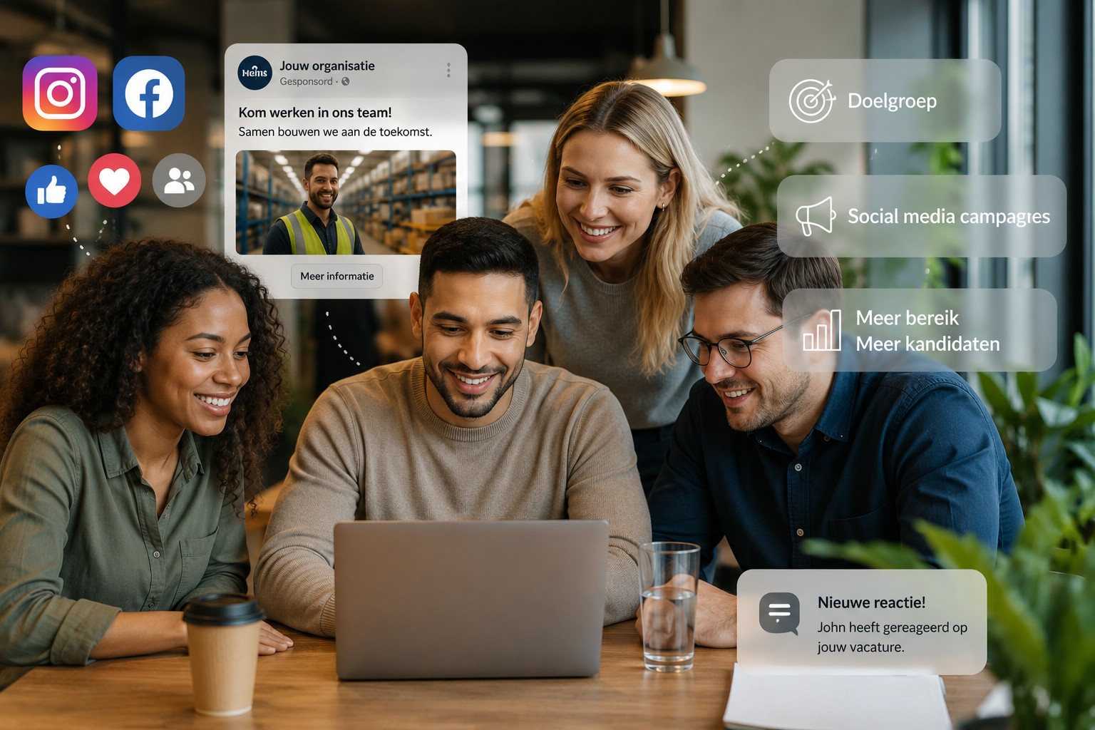 Team bekijkt samen de resultaten van een social media wervingscampagne